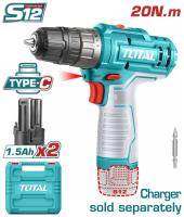TDLI12202 - "ТОТАL" Аккумуляторный Li-ion шуруповёрт 12V, порт заярдки USB type-c